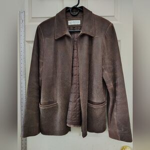 VTG Rare Designer Minimalist Brown Soft Leather Jacket Hip Lngth Zip szLG Must C